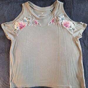 Green Cold Shoulder Floral Embroidered Top, Size XS, American Eagle Outfitters